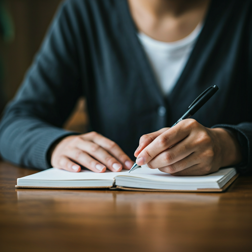 Close-up of hands writing in a notebook at a sunlit cafe table with a coffee and warm lighting